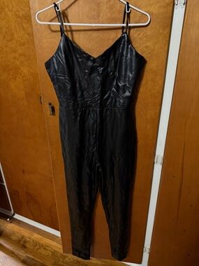 Black Faux Leather Jumpsuit - Sleek Spaghetti Strap One-Piece